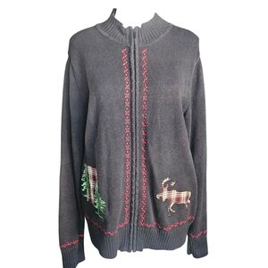 Bechamel Vintage Med‎ Black Holiday Full Zip Cardigan Moose Xmas Tree Appliques